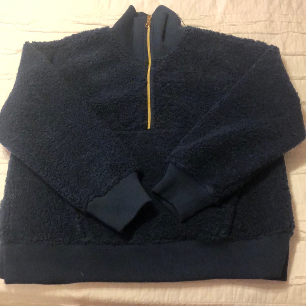Blue teddy jacket quarter zip with gold zipper